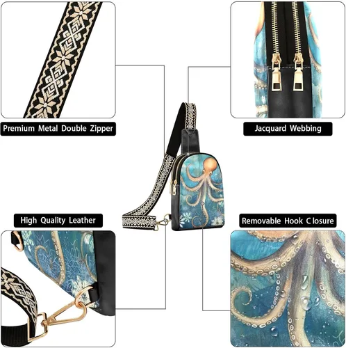 Vista 5 de Sling Backpack Octopus Vintage Sling Bag for Women Crossbody Shoulder Bag Leather Fanny Pack Chest Bag for Travel Hiking 202A1783
