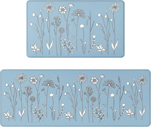 Vista 17 de Rempry - Juego de 2 alfombrillas de cocina con flores coloridas para el piso, alfombras de cocina antideslizantes y juego de tapetes, alfombrilla