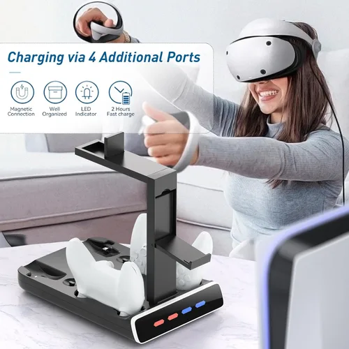 Vista 6 de Base de carga de controlador 3 en 1 para PSVR2 y PS5, pantalla de soporte de realidad virtual con luz LED, base de almacenamiento PS5 VR2