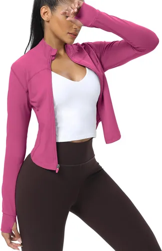 Vista 8 de AVGO Chaquetas de entrenamiento recortadas para mujer, con cremallera, ajustadas, atléticas, con agujeros para el pulgar