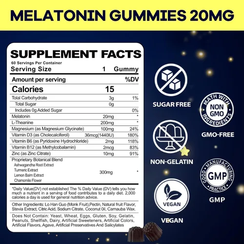 Vista 2 de Gomitas de melatonina de 20 mg para adultos: suplemento de melatonina sin azúcar extra fuerte con Ashwagandha L-teanina magnesio cúrcuma vitamina D3