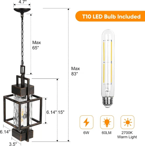 Vista 4 de Lámpara colgante de 15 pulgadas para interiores y exteriores, moderna lámpara de araña de metal negro para exteriores, lámpara de techo con vidrio