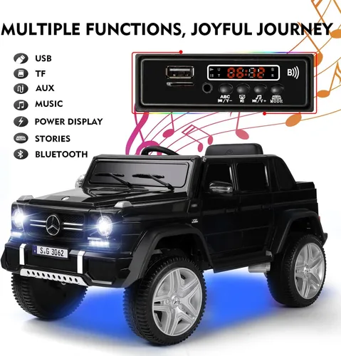 Vista 4 de JOYLDIAS - Auto Mercedes-Benz G650S con licencia para niños, camión de paseo para niños 12V7AH con luces LED subterráneas, control remoto, 3 Negro