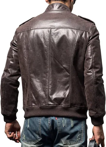 Vista 2 de FLAVOR Chaqueta de piel auténtica para hombre, estilo retro, color marrón