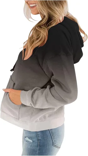 Vista 2 de Sudadera de manga larga con capucha y estampado a cuadros para mujer, sudadera suelta con cordón ajustable, tallas grandes