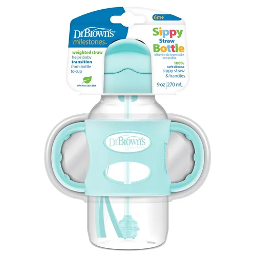 Vista 10 de Dr. Brown's Milestones - Botella con pajita de transición de cuello ancho con asas 100% de silicona y pajita con peso, 9 oz/270 mL, gris, 6m+