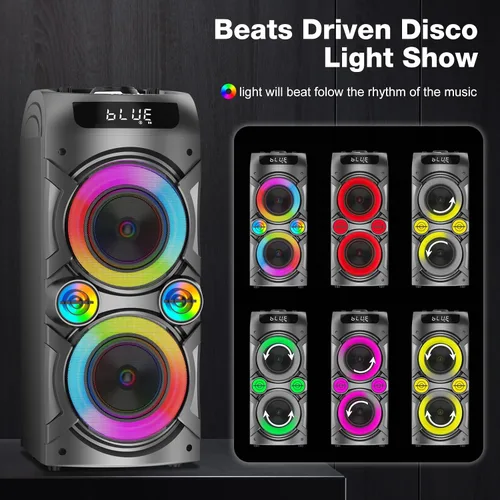 Vista 5 de Máquina de karaoke con 2 micrófonos inalámbricos, sistema de PA portátil, gran altavoz Bluetooth con luces LED, control remoto, compatible