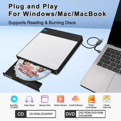 Vista 3 de Unidad externa de CD/DVD para portátil: Graba DVDs y CDs para respaldo de datos de archivos, compatible con M-Discs - Plug & Play para Mac Windows