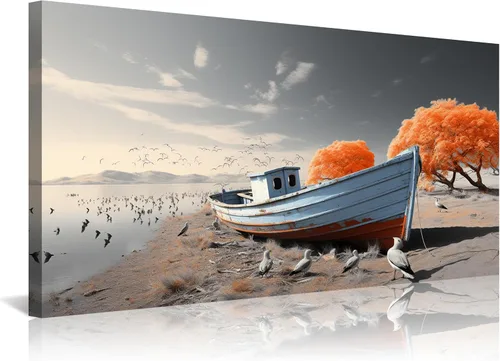Vista 10 de Arte de pared costero de playa, arte en lienzo de barco azul, imágenes de gaviota, paisaje marino, impresiones de pintura de paisajes marinos, obras