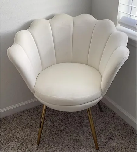 Vista 6 de chairus Silla de tocador de maquillaje blanca crema con respaldo, pequeña silla moderna tapizada de terciopelo con patas de metal dorado, bonita