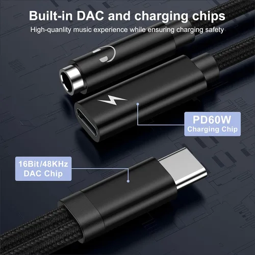 Vista 4 de Adaptador para auriculares Samsung Galaxy S26, cable de audio auxiliar 2 en 1 USB C a 0.138 in Aux Jack Adapter with 60W Fast Charging Dongle