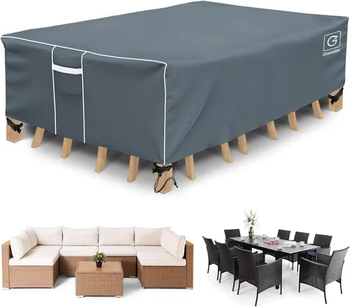 Vista 10 de Funda para mesa de patio, impermeable, rectangular, resistente 500D, protección para todo tipo de clima, para muebles de exterior, 90 pulgadas