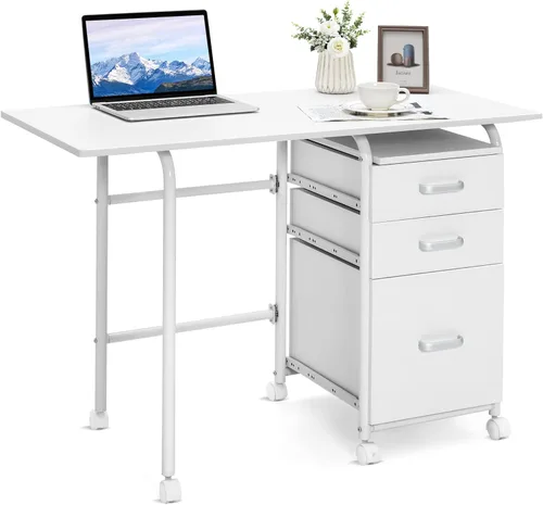 Vista 11 de Tangkula Escritorio plegable para computadora con 3 cajones de almacenamiento, escritorio de oficina en casa móvil, escritorio de estudio con ruedas
