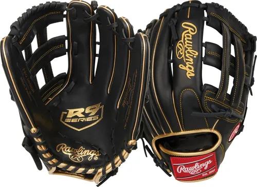 Vista 14 de Rawlings Guantes de béisbol de la serie R9 Tamaños 11.5 a 12.75 pulgadas Múltiples estilos Pro H-Web Negro/Oro