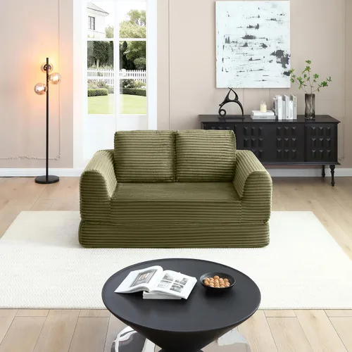 Vista 10 de 2-in-1 Folding Convertible Sofa Bed, Corduroy Sleeper Couch with 2*Pillows, Futon Modular Upholstered Boneless Loveseat with Pull-Out Bed, Folding