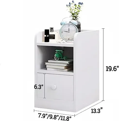 Vista 2 de HM&DX Mesita de noche de madera con cajón de almacenamiento y estante abierto, moderna mesita de noche blanca lateral estrecha, mesita de noche alta