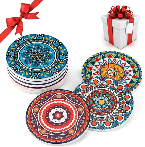 Vista 2 de Juego de 8 posavasos absorbentes de piedra para mesa de madera, mandala de cerámica con base de corcho, regalo para inauguración de la casa
