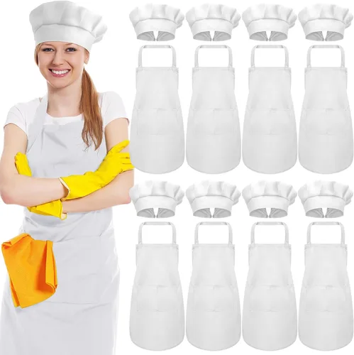 Vista 14 de SATINIOR Juego de 8 delantales de chef, sombrero de chef ajustable y delantal con bolsillos para adultos, mujeres y hombres cocineros