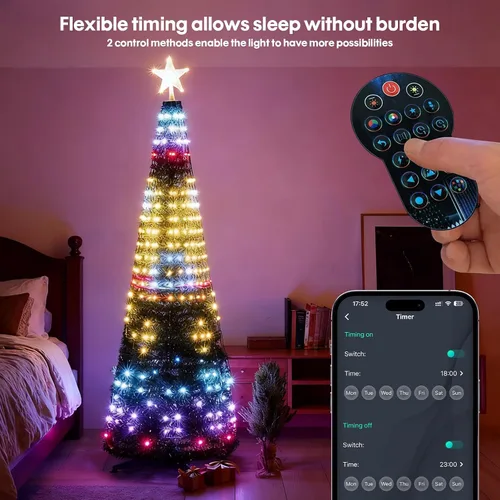Vista 4 de Super RGB Luces inteligentes para árbol de Navidad de 6 pies, 400 LED, luces de árbol de Navidad que cambian de color con anillo y estrella