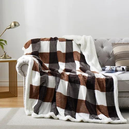 Vista 22 de PU MEI Manta Sherpa Individual a Cuadros Gruesa para Cama, 60"*80" Franela Súper Suave Difusa Forro Polar Reversible Terciopelo Afelpado Manta
