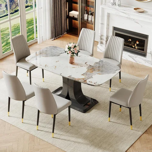 Vista 12 de Juego de mesa de comedor moderno para 6, juego de mesa de cocina y sillas de mármol para 6, mesa de cocina rectangular con 6 sillas tapizadas