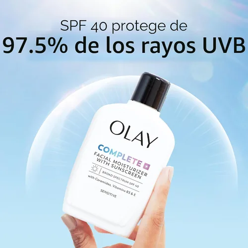 Vista 6 de Olay Complete+ Hidratante Facial con Protector Solar SPF 40, Para Piel Sensible, Protección Solar de Amplio Espectro, Sin Fragancia - Sin Residuo