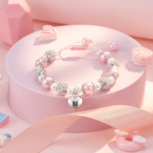 Vista 4 de ASKRAIN Pulsera de corazón para nieta Pulsera de perlas rosas y bolas de diamantes de imitación Longitud ajustable Adecuado para regalo de San