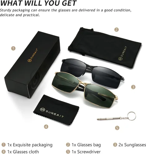 Vista 6 de SUNGAIT Gafas de sol polarizadas ultraligeras para hombre, marco de metal rectangular con bisagra de resorte