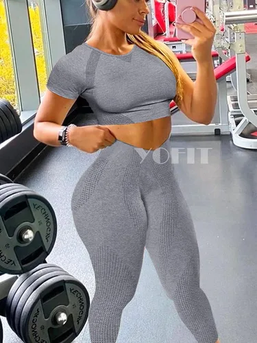 Vista 3 de YOFIT - Conjunto deportivo de 2 piezas leggings de yoga de cintura alta sin costuras y crop top con manga larga para mujer juego de ropa