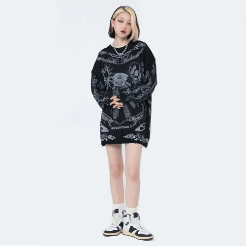 Vista 3 de Ethbox Harajuku - Suéter de calle retro gótico con diseño de calavera, suéter de manga larga con estampado de hip hop