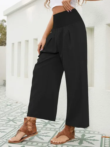 Vista 3 de QIANXIZHAN Pantalones cortos de pierna ancha para mujer, pantalones palazzo de cintura alta, pantalones de verano bohemios fluidos para la playa