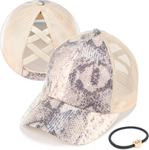 Vista 27 de C.C Gorra de béisbol de malla con diseño de estrella brillante, gorra de camionero ajustable para moño o cola de caballo Una banda elástica-negro
