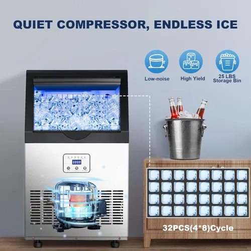 Vista 7 de Máquina comercial de hielo de 90 libras/24 horas, máquina de hielo de acero inoxidable bajo encimera o independiente con almacenamiento de 25