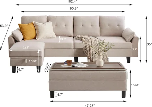 Vista 2 de Sofá en forma de L de 102 pulgadas, sofá con mesa auxiliar otomana, sofá moderno de 4 asientos con funda extraíble para apartamento y sala de estar