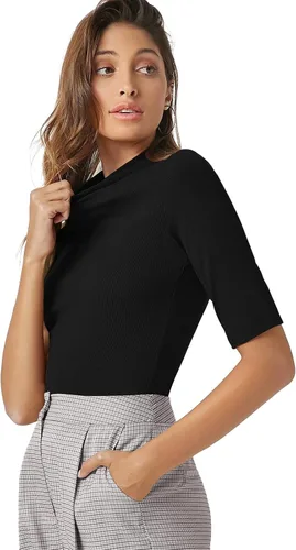 Vista 3 de PrinStory Camisetas de manga corta para mujer, para otoño, de negocios, elegantes, casuales, sin botones, a la moda 2023