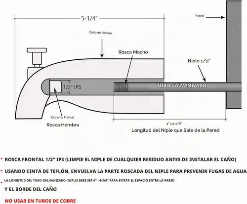 Vista 2 de Boquilla para bañera con desviador frontal, rosca hembra IPS de 1/2 pulgada, extremo frontal roscado, longitud total de 5-1/4 pulgadas, para tubo