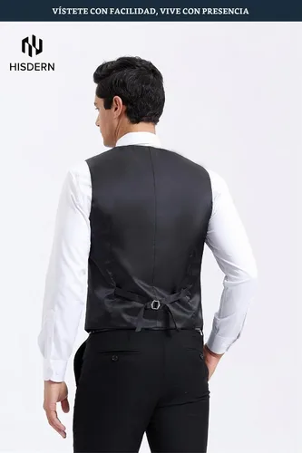 Vista 3 de HISDERN Vest 101 - Chaleco de traje ajustado para hombre con 3 bolsillos para negocios, formal, boda, baile de graduación y esmoquin casual a1-Negro