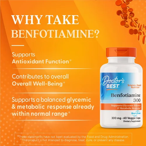Vista 2 de Doctor's Best Benfotiamine 300 con BenfoPure, ayuda a mantener un metabolismo saludable de la glucosa, sin OMG, vegano, sin gluten, sin soja, 300