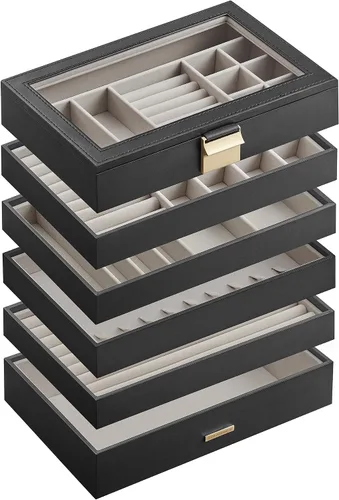 Vista 9 de SONGMICS Bandejas de joyería apilables, caja de joyería de 6 niveles, organizador de joyas con cajón, con tapa de vidrio, divisores extraíbles