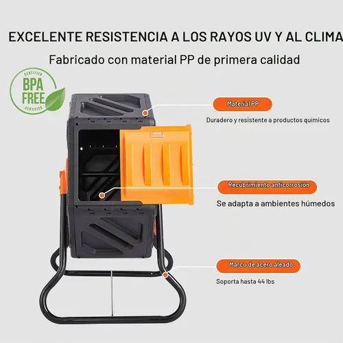 Vista 4 de VEVOR Cubo de compostaje, compostador giratorio pequeño de 18.5 galones, cámara única compacta giratoria con puerta corrediza y marco de acero