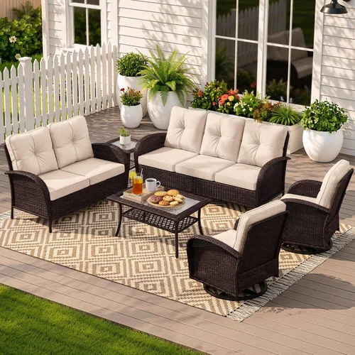 Vista 19 de UPHA Juego de muebles de mimbre para patio de 5 piezas con mesa auxiliar Cojín de ratán marrón y beige