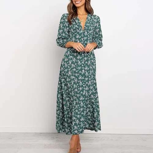 Vista 5 de Vestidos hawaianos para mujer, vestido de playa bohemio floral elegante de verano 2023, con cuello en V cruzado, vestido largo fruncido y fluido