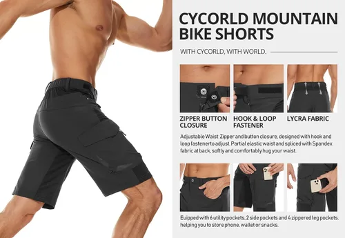 Vista 4 de Pantalón corto Cycorld para ciclismo de montaña, bolsillos con cierre de cremallera, liviano, ligero de ajuste, para hombre