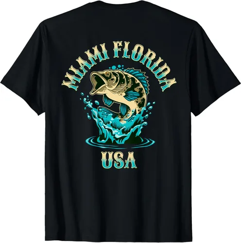 Vista 2 de Camiseta con diseño de pesca en la parte delantera y trasera de Miami Florida USA, Negro