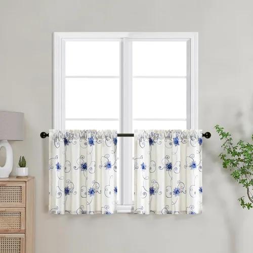 Vista 2 de VOGOL Cortinas de Nivel para Cocina para Ventana, Flores Azules y Enredaderas Bordadas Cortina de 24 Pulgadas de Largo, Cortinas Cortas Tratamiento