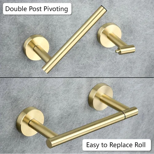 Vista 3 de Soporte de papel higiénico dorado cepillado para baño, soporte de rollo de papel higiénico giratorio de doble poste, soporte de TP desmontable