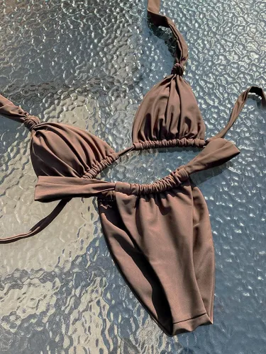 Vista 5 de Conjunto de bikini con tanga para mujer, traje de baño de dos piezas sexy fruncido brasileño