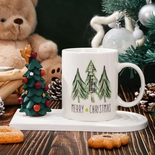 Vista 4 de Whaline Juego de 2 tazas de Navidad de 12 onzas con acuarela, a cuadros, árbol de Navidad, camión, taza de café, tazas de cerámica para fiesta