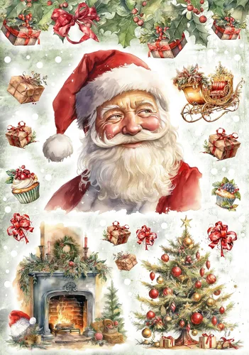 Vista 5 de Papel de arroz para Decoupage A4 Feliz Navidad (Cara de Papá Noel Rosa - 2 hojas)