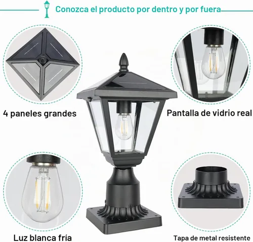 Vista 4 de Luces solares de poste de metal y vidrio, luces solares de poste del atardecer al amanecer con base de montaje en muelle, luces exteriores de 6000 K